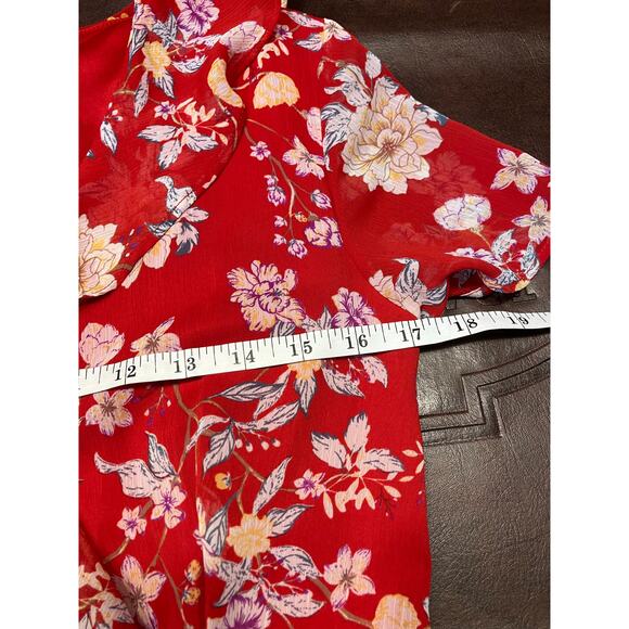 Lush Red Floral Wrap Dress Women's Medium Short Sleeve Ruffle Chiffon Lined - Picture 13 of 15